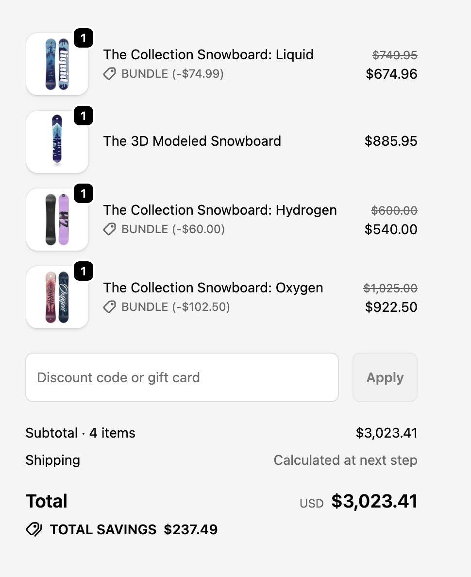 Line item bundles showing individual products in Shopify checkout with separate line items and no visual grouping