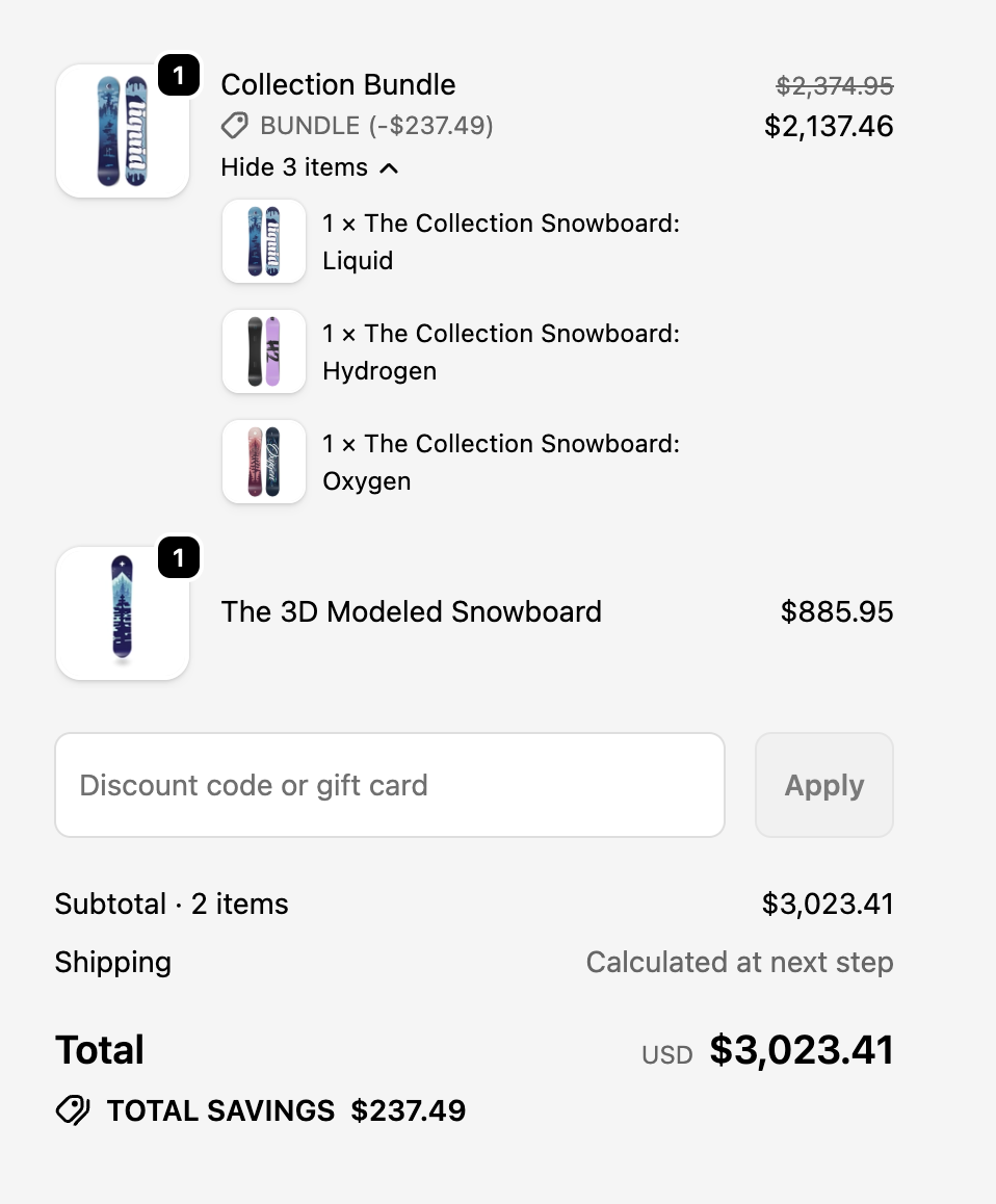 Shopify Cart Transform API bundle in checkout showing parent bundle with child product components properly grouped and nested