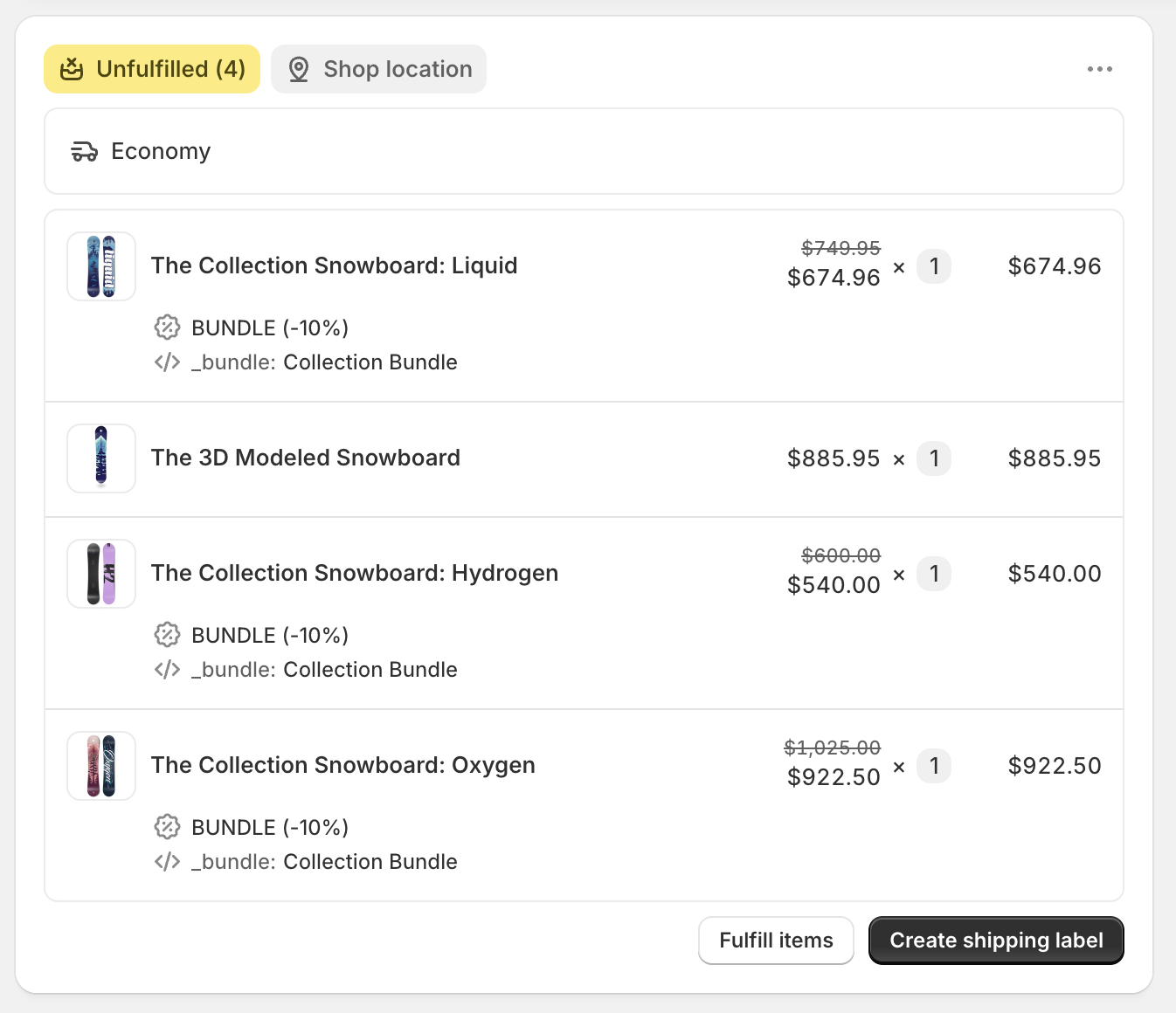 Shopify admin order page displaying line item bundle properties for bundle identification with _bundle property