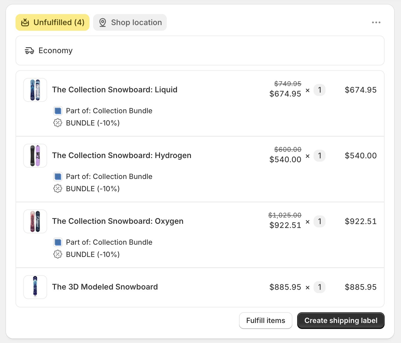 Shopify admin order page showing Cart Transform bundle with parent-child product relationships and proper inventory tracking
