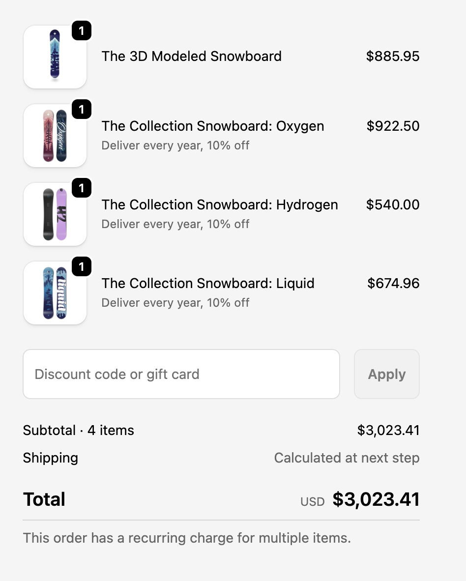 Shopify subscription bundles showing individual products with separate selling plans and line item properties for bundle grouping